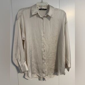 Zara Off-White Satin Button-Down Shirt